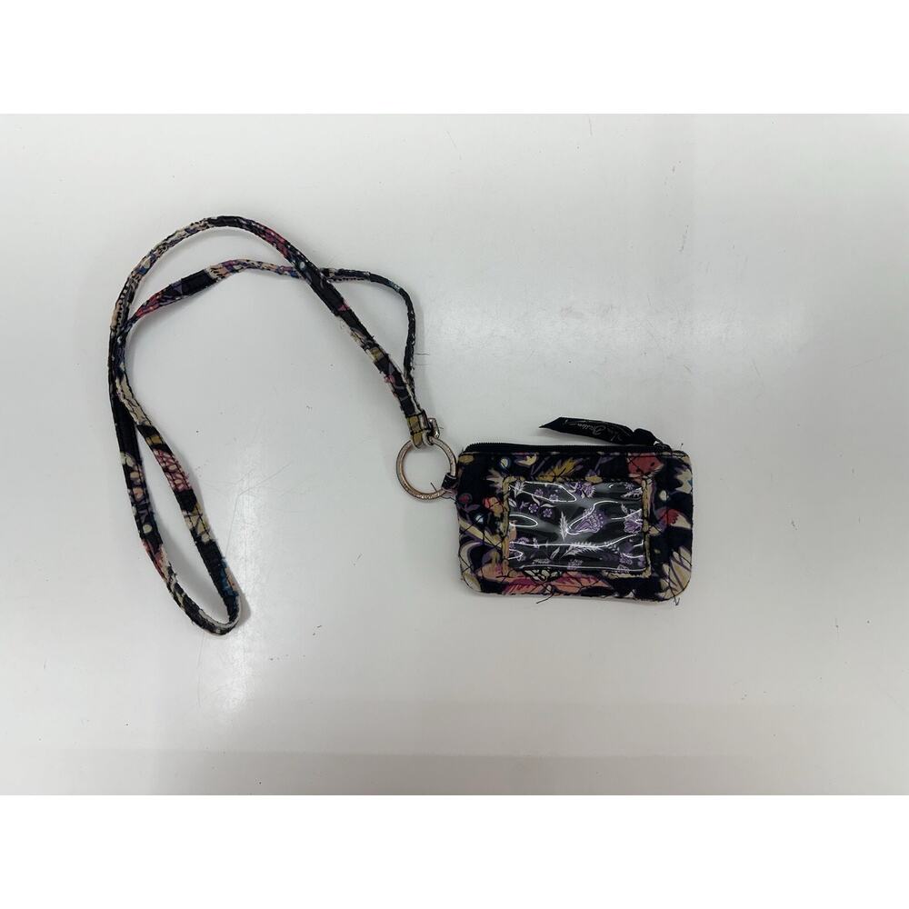 Vera Bradley Zip ID Wallet with Lanyard Black Floral Rectangular Quilted